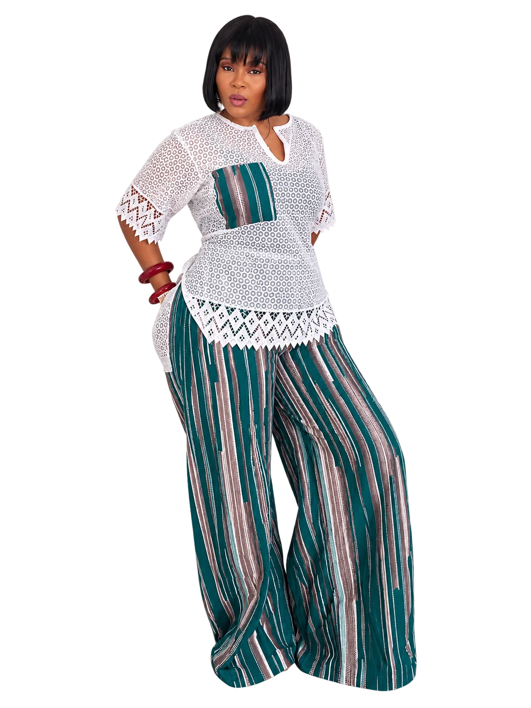 Amanda Set — White lace & green stripe set