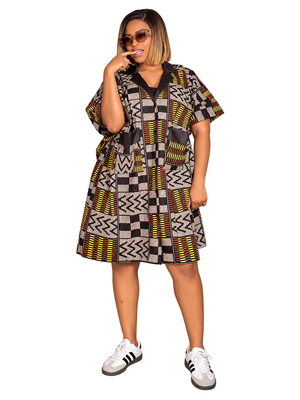Lolu Dress — Brown & gold print dresse