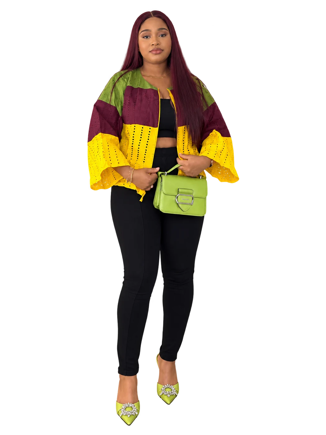 Sekemi Jawu Jacket in olive, burgundy and yellow eyelet